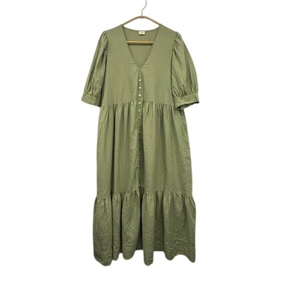 Wilfred Linen Midi Dress Size Medium Puff Sleeve Tiered V-Neck Button Up Green - Picture 1 of 10